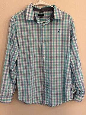 NAUTICA PLAID BUTTON DOWN SHIRT XL 18/20 BLUE GREEN CHECK LONG SLEEVE